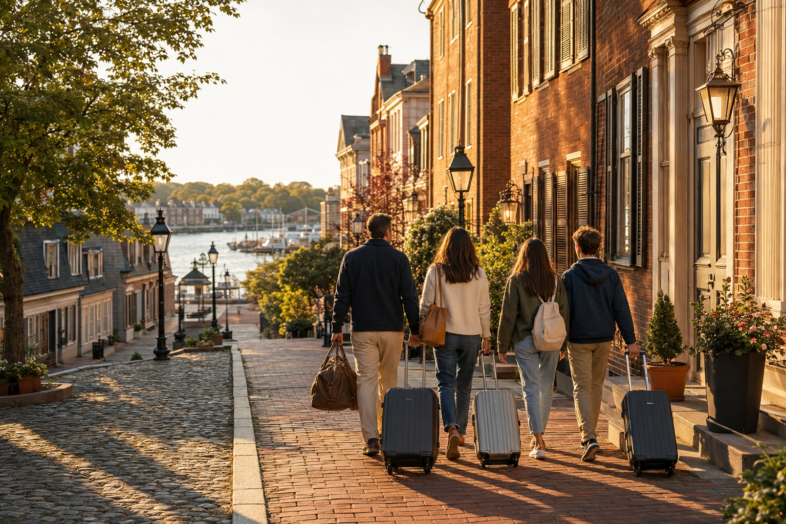 A family arriving together in a historic waterfront town